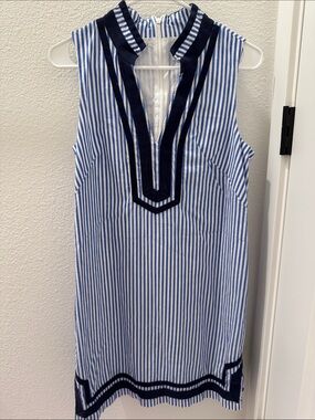Eliza J Blue & White Striped Sleeveless Tunic with Navy Trim